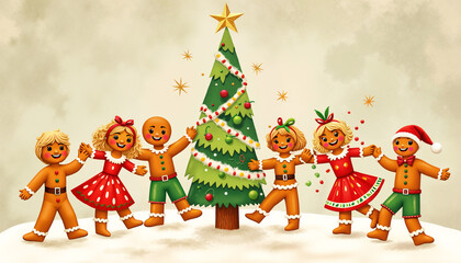 Obraz premium Gingerbread people celebrating Christmas around a decorated tree 