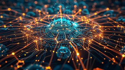 HD render of smart data clusters orbiting around a central AI core, glowing lines representing live data feeds .