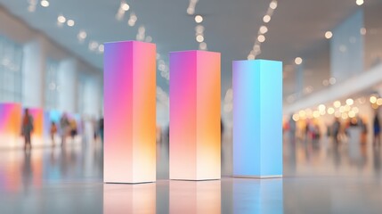 Three colorful gradient podiums in a spacious modern exhibition hall, perfect for product placement and advertising