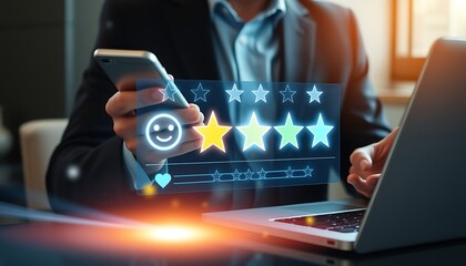 Person rating service with stars and smiley face on phone businessman laptop