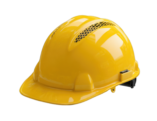 Bright yellow safety helmet, glossy finish, ventilated top