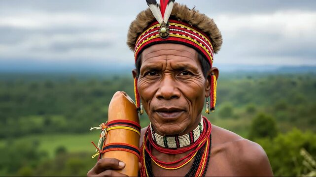 Indigenous man in traditional attire holding musical instrument against green landscape. Ethnographic style. Heritage and culture. Festivals, travel guides, education, museum exhibits, charity program