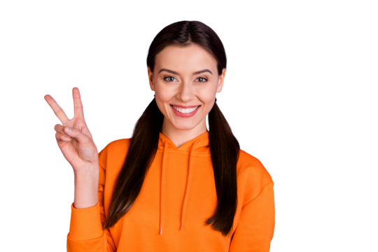 Close-up portrait of her she nice attractive cheerful cheery feminine girl with pigtails showing v-sign isolated over bright vivid shine vibrant violet purple lilac color background