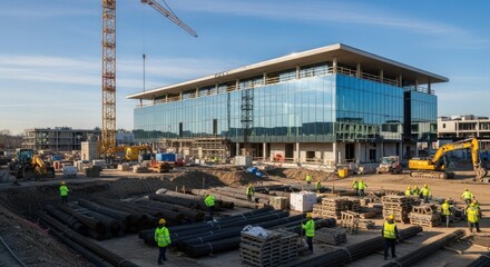 Naklejka premium Modern Building Construction Site with Cranes and Workers