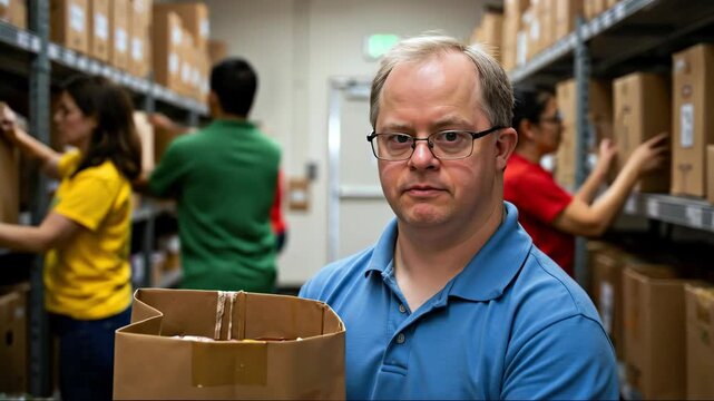 Volunteer with down syndrome packing groceries at food bank warehouse. Documentary style. Inclusion. Charity programs, social services, awareness campaigns, corporate responsibility, job training,