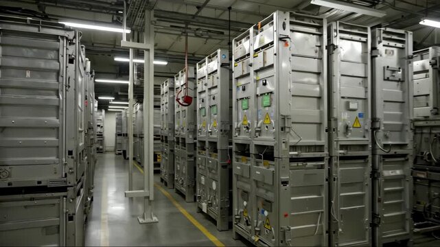 Rows of industrial battery containers inside facility hall. Technical style. Energy storage. Power grid, data center backup, renewable integration, utilities bills, safety manuals, engineering reports
