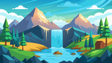 vector illustration of mountains and a waterfall