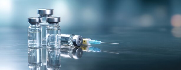 The vaccine vials and syringe ready for medical use in a clinical setting
