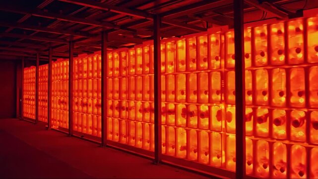 Glowing thermal storage wall with orange heat modules in plant. Futuristic style. Efficiency. Renewable energy, grid balancing, utilities bills, climate reports, engineering education, safety posters