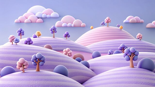 3d whimsical pastel landscape with stylized trees and clouds
