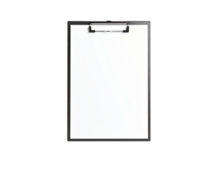 Vertical shot of a presentation board featuring a blank paper, isolated on a clean white background, perfect for business, education, design, communication, marketing, creativity, and planning purpose