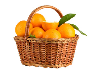 Oranges, fresh and vibrant, rest naturally in a woven wicker basket, isolated against a clean white background, highlighting their bright color, smooth texture, and wholesome appeal, perfect for healt