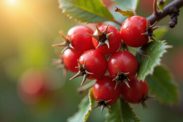 Red berries on branch with green leaves in natural sunlight  