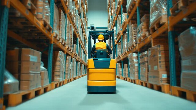 Rear view of forklift operator in hard hat and safety vest driving down high‑rack warehouse aisle — slow  tracking shot