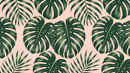 Lush green monstera and palm leaves on pale pink background tropical