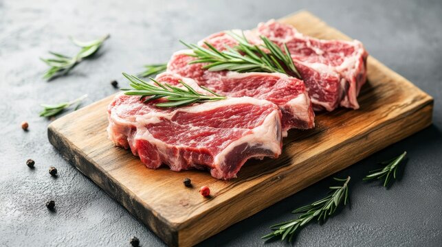 Three raw lamb chops seasoned with rosemary and peppercorns on a wooden cutting board. - Powered by Adobe