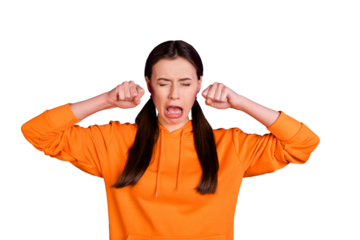 Portrait of disappointed teen girl cry loudly have troubles problems wear modern youth outfit isolated over violet purple background
