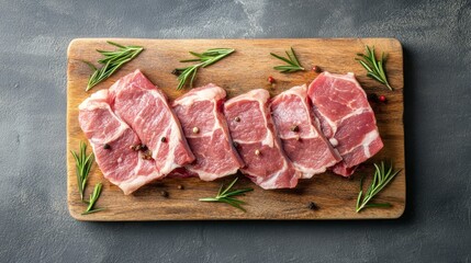 Fototapeta premium Five raw pork chops seasoned with peppercorns and rosemary sprigs on a wooden cutting board.