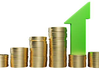 A financial chart represented by stacks of gold coins and a green arrow indicating a positive trend, isolated on transparent background