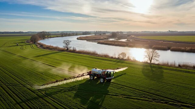 Agricultural sprayer applying chemicals across green field near river at sunset. Documentary farming style. Yield and risk Agrochemicals, seed catalogs, insurance, safety training, climate briefs,