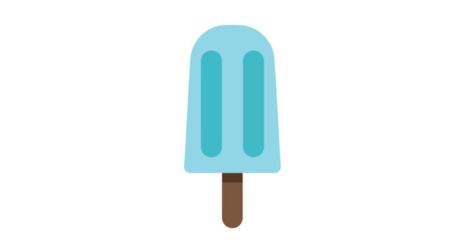 A chilly light blue ice pop with two cool blue stripes on a simple brown stick