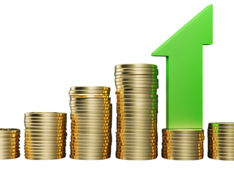 A financial chart represented by stacks of gold coins and a green arrow indicating a positive trend, isolated on transparent background