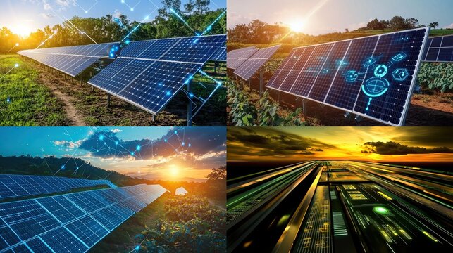 Solar panels array in a field, with futuristic graphic overlays, showing diverse perspectives of a sustainable energy system