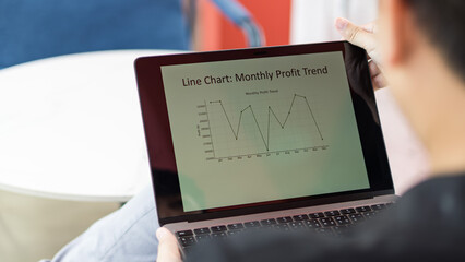 Person viewing line chart of monthly profit trend on laptop for financial analysis and business performance review. Revenue monitoring, economic forecasting, and profitability tracking concept.