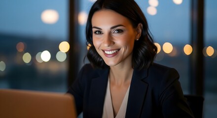 Confident businesswoman smiling, working late with city lights blurred in background