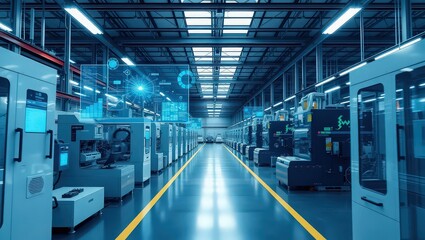 A long view of a factory floor with machines and a yellow line running down the center of the aisle
