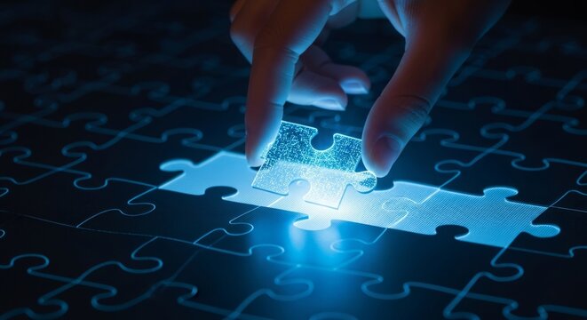 Person placing glowing puzzle piece in digital jigsaw