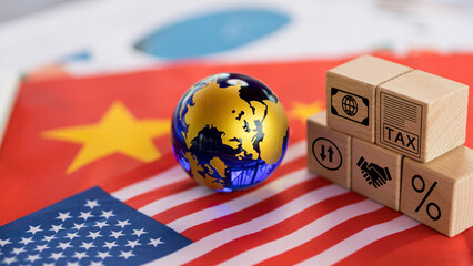 Concept of international trade negotiations between the United States and China, focusing on import...