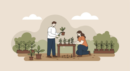Planting Couple caring for sprouts in pots and planter boxes, outdoors and gardening