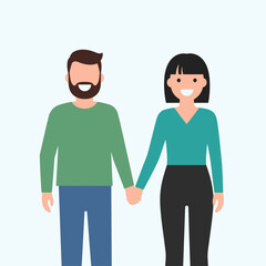 Fototapeta premium Happy couple holding hands smiling together in a light blue background representing partnership and unity