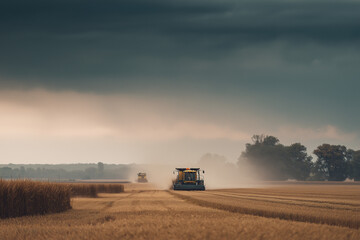 Fototapeta premium Tractors working on farmland during harvest