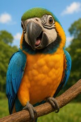 Colorful blue-and-yellow macaw posing proudly on branch in lush rainforest.