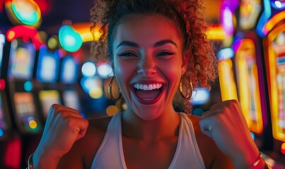 person celebrating their success after winning a large sum on casino slots, captured in a moment of excitement and victory, Generative AI