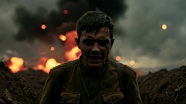 Young caucasian soldier screaming in trench with explosion behind. Dramatic battlefield style. Shock and trauma. PTSD awareness, counseling, veteran support, crisis messaging, memorial events