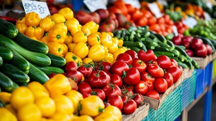 Vibrant display of fresh produce at a farmer's market, showcasing yellow bell peppers, red tomatoes, and green cucumbers in wooden crates.