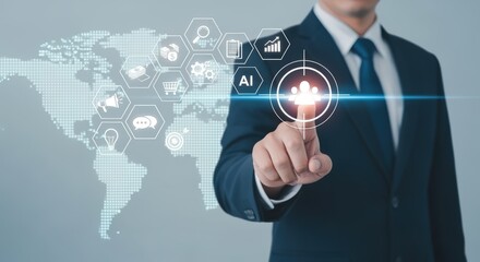 Fototapeta premium Businessman Touching Digital Screen with AI Icons, Global Business Network, Technology Concept