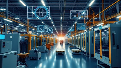 A futuristic factory floor with advanced technology and automated systems in operation mode
