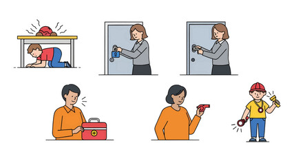Collection of line art illustrations showing people in various emergency preparedness and safety situations, a guide for disaster response and security.