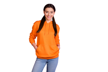 Portrait of positive cheerful youth teen girl feel content have fun with her friends on free time wear sportswear isolated over violet purple color background