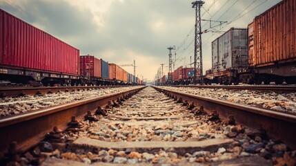 Fototapeta premium Perspective view of railway tracks with cargo train wagons in industrial transportation and logistics shipping background scene