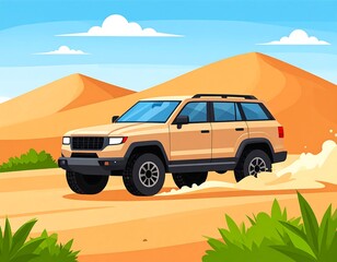 Fototapeta premium Tan SUV drives on sandy desert road, kicking up sand