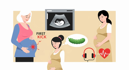 Conceptual illustration of the pregnancy journey with various maternity milestones like ultrasound, first kick, and cravings