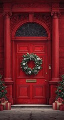 Obraz premium Red Door with Christmas Wreath
