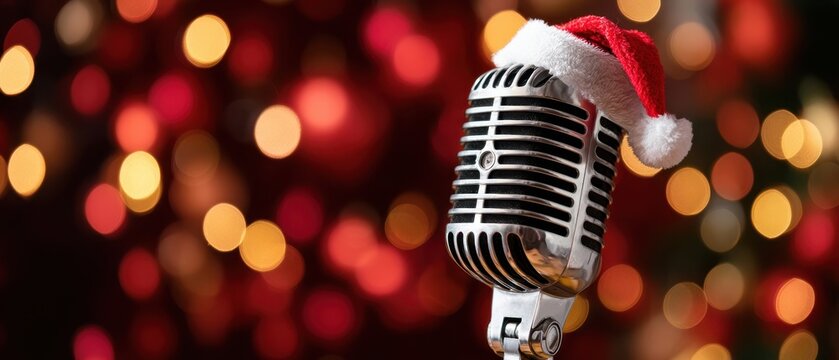 The festive microphone adorned with a Santa hat in a warm, colorful setting. - Powered by Adobe