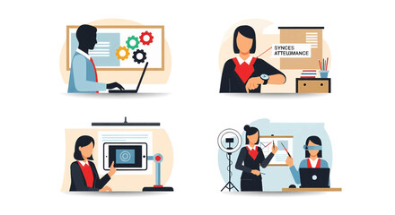 Set of vector illustrations for business and education, showing concepts like virtual training, project management, and remote work technology.