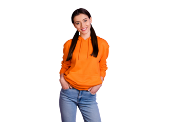 Portrait of nice positive cheerful youngster with stylish hood sportswear feel candid enjoy weekends holidays isolated over violet purple color background